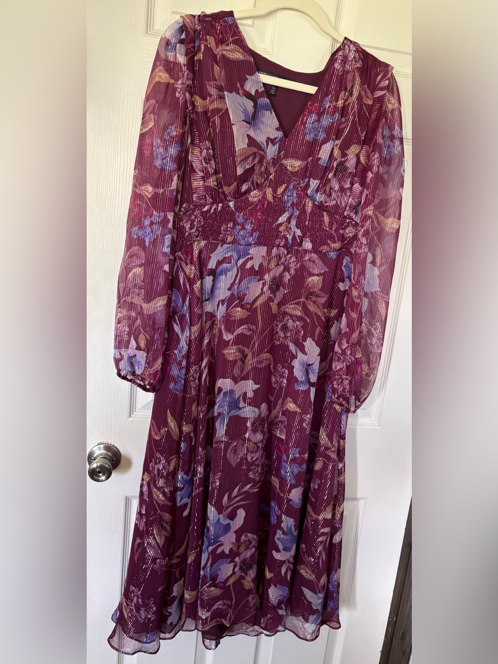 White House Black Market Burgundy Floral Long Sleeve Midi Dress